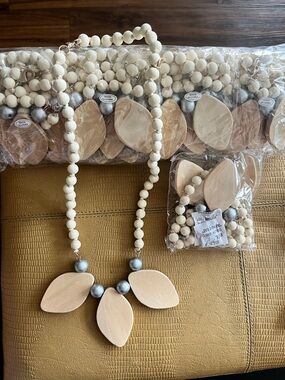 Set of 12 Beaded Wooden Leaf Statement Necklaces - Cream
